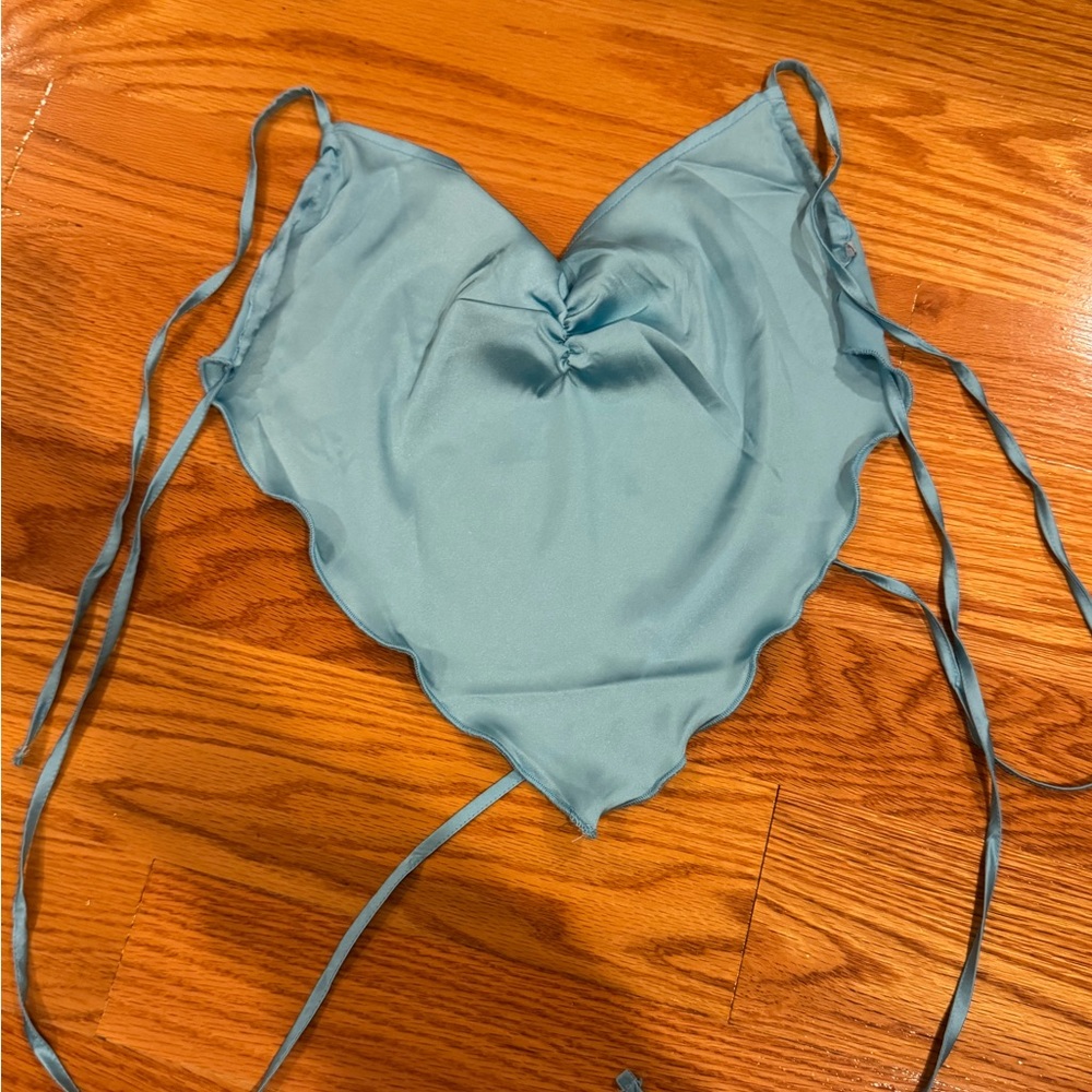 Adika Baby Blue Satin Open Back Crop Top with Sweetheart Neckline